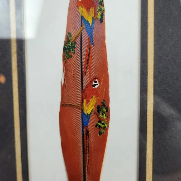 Costa Rica Hand Painted Feather Art Green PARROT Bird Lover Matted Framed 9x5 - Picture 2 of 6